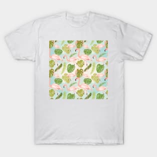 Hand drawn pink flamingo and monstera leaves. Seamless pattern T-Shirt